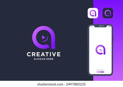 letter a with play bottom logo design