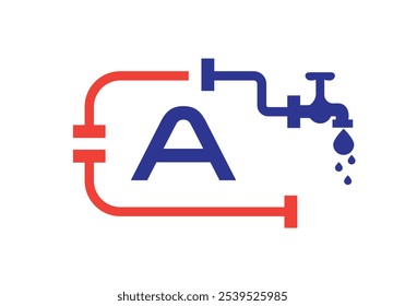 Letra Un concepto de Plantilla de Vector de diseño de logotipo de fontanero con tubo y símbolo de agua