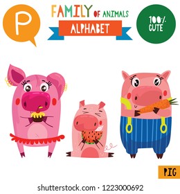 Letter P-Mega big set.Cute vector alphabet with family of animals in cartoon style.