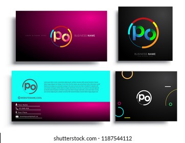 Letter PO logotype with colorful circle, letter combination logo design with ring, sets of business card for company identity, creative industry, web, isolated on white background.