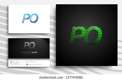 Letter PO logotype with colorful circle, with striped composition letter, sets of business card for company identity, creative industry, web.