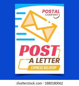 Letter Post Express Delivery Promo Poster Vector. Delivering Message Letter Envelope On Advertising Banner. Postal Company Communication Service Concept Template Style Color Illustration