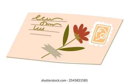 Una carta en un sobre postal con un sello postal y una flor. Una carta hecha de papel kraft para postales, cartas y sobres. Ilustración vectorial de un bonito sobre de regalo con un herbario. Plano