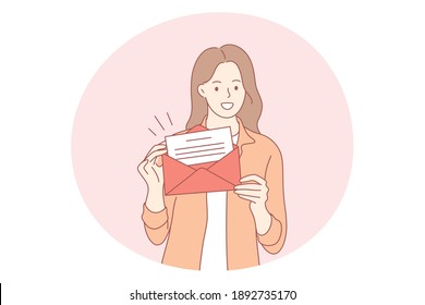 Letter, postcard, invitation concept. Young happy woman cartoon character standing holding open envelope with letter invitation or personal sale for holiday letter vector illustration 