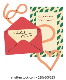 Letter and postcard. Postal paper element. Sending mail. Open envelope and invitation page with ribbon. Post communication. Correspondence delivery. Greeting cards