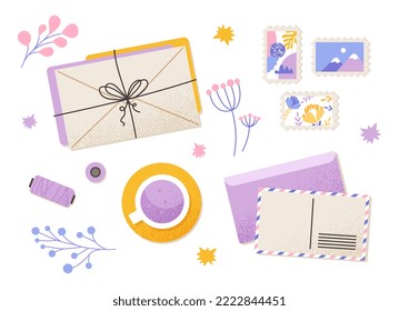 Letter postcard set. Collection of graphic elements for website, business correspondence. Comfort and coziness, symbol of autumn. Cartoon flat vector illustrations isolated on white background