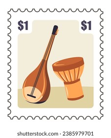 Letter postcard with Turkish traditional musical instruments. Baglama and drum. Long necked lute and darbuka. Postal mark or card with price, correspondence and mailing sticker. Vector in flat style