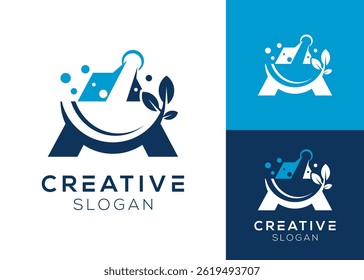 Letter A with pounding cup and leaf logo design for scientist, herb and natural medicine