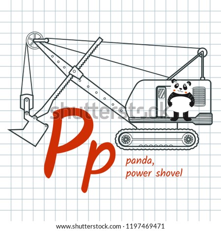 
Letter Pp is for children alphabet. Vector illustration with cartoon animal and construction equipment: panda in the cabin of a power shovel. School poster