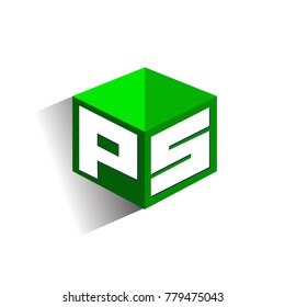 Logotipo de letra PS en forma hexagonal y fondo verde, logotipo de cubo con diseño de letra para la identidad de la empresa.
