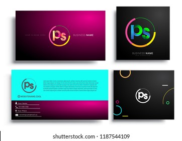 Letter PS logotype with colorful circle, letter combination logo design with ring, sets of business card for company identity, creative industry, web, isolated on white background.