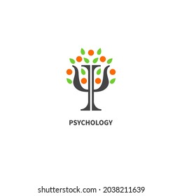 Letter psi in shape of apple tree with leaves and fruits. Psychology symbol. Psychologist logo. Therapy icon. Psychotherapy concept. Vector illustration