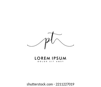Letra PT logotipo de escritura manual inicial con firma y estilo dibujado a mano.