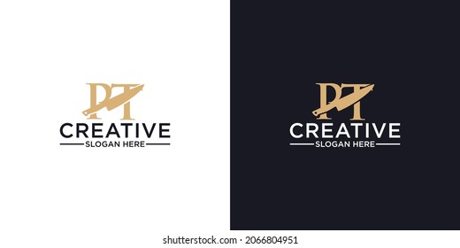 Letter PT knife restaurant logo design