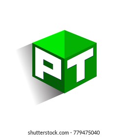 Letter PT logo in hexagon shape and green background, cube logo with letter design for company identity.
