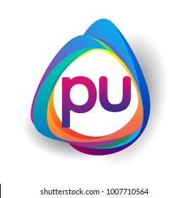 Letter PU logo with colorful splash background, letter combination logo design for creative industry, web, business and company.