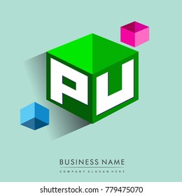 Letter PU logo in hexagon shape and green background, cube logo with letter design for company identity.
