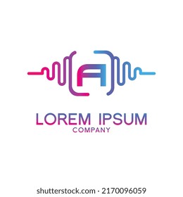 letra A con elemento reproductor de música Pulse. Plantilla de logotipo música electrónica, igualador, tienda, dj, discoteca, discoteca. Concepto de logotipo de ondas de audio, tema de tecnología multimedia, vector de forma abstracta