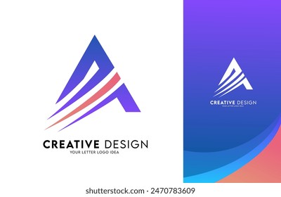 Letter A in Purple and Orange made of curved lines and swooshes. Creative A design icon Vector Illustration.