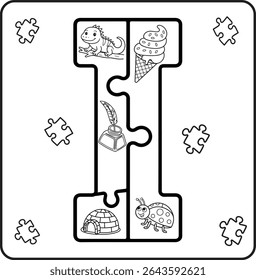 Letter I Puzzle Alphabet  with Objects kids coloring books for kids