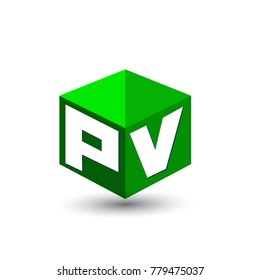 Letter PV logo in hexagon shape and green background, cube logo with letter design for company identity.
