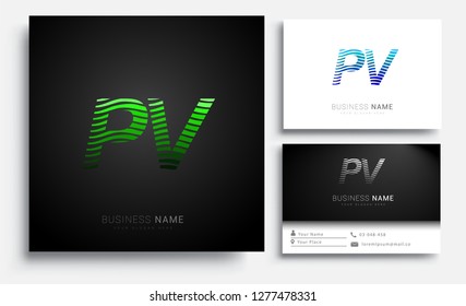 Letter PV logotype with colorful circle, with striped composition letter, sets of business card for company identity, creative industry, web.