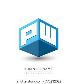 Letter PW logo in hexagon shape and blue background, cube logo with letter design for company identity.

