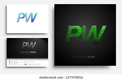 Letter PW logotype with colorful circle, with striped composition letter, sets of business card for company identity, creative industry, web.