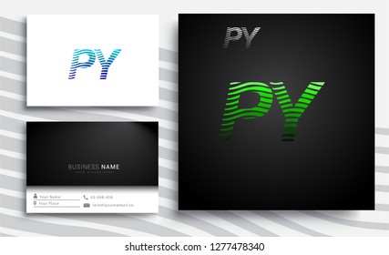 Letter PY logotype with colorful circle, with striped composition letter, sets of business card for company identity, creative industry, web.