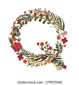 Letter Q - 17 letter of the alphabet. Vector hand-drawn monogram composed of flowers, branches and leaves on a white background.