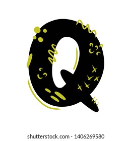 Letter Q - abstract vector black font with yellow dots, stripes, lines, spots. Abc, alphabet isolated on white background. Perfect illustration for your design - print, poster, card, logo, label