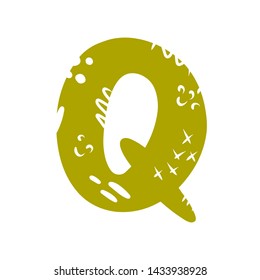 Letter Q - abstract vector green, yellow font with cut dots, stripes, lines, spots. Abc, alphabet isolated on white background. Perfect illustration for your design - print, poster, card, logo, label