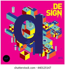Letter Q alphabet with colorful abstract isometric background illustration. Space layout and design template. Composition for poster and publication design.
