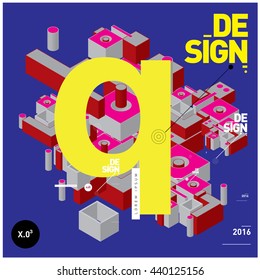 Letter Q alphabet with colorful abstract isometric background illustration. Space layout and design template. Composition for poster and publication design.