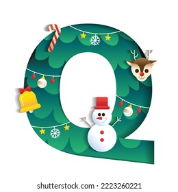 Letter Q Alphabet Font Cute Merry Christmas Concept Reindeer Candy Cane Snowman Bell Christmas Tree Character Font Christmas Element Cartoon Green 3D Paper Layer Cutout Card Vector Illustration