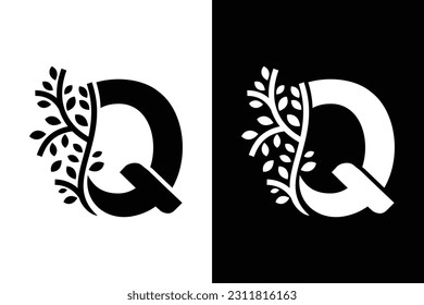 Letter Q alphabet and growing leaf with black and white color. Very suitable for symbol, logo, company name, brand name, personal name, icon, identity, business, marketing and many more.