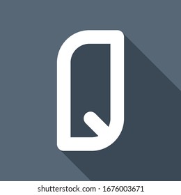 Letter Q of alphabet, isolated outline symbol. White flat icon with long shadow on blue background