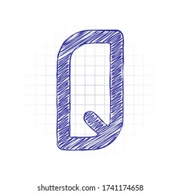 Letter Q of alphabet, isolated outline symbol. Hand drawn sketched picture with scribble fill. Blue ink. Doodle on white background