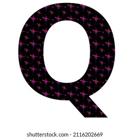 letter Q of the alphabet made with a pattern of pink fuchsia flowers on a black background, isolated on white background, vector. with colors pink, red, purple, black and white