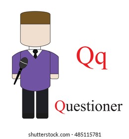 Letter Q alphabet of professions. Questioner. ABC education cards for kids.