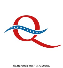 Letter Q America Logo USA Flag. Patriotic American Business Logo Design On Letter Q Template