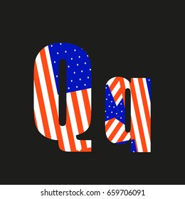 Letter Q with american flag, isolated on black background.Vector illustration