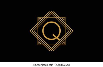 Letter Q art deco  minimalstic logo in  gold color isolated in black background with square frame symbol