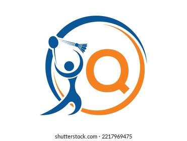 Letter Q Badminton Logo Concept With Moving Badminton Icon. Badminton Sports Logotype Symbol Vector Template.