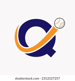 Carta Q Concepto de logotipo de béisbol con plantilla de vectores de iconos de béisbol en movimiento
