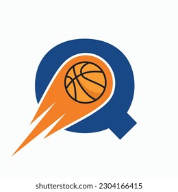 Letter Q Basketball Logo Concept With Moving Basketball Icon. Basket Ball Logotype Symbol