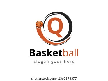Letter Q Basketball Logo Concept With Moving Basketball Icon. Sports Symbol Vector Template Design