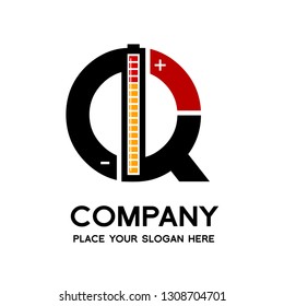 Letter Q battery vector logo template. Alphabet graphic with current positive and negative symbol. Black, red and yellow color. This logo is suitable for electric, technology, power and energy supply.