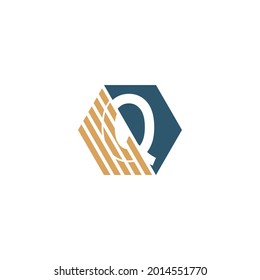 Letter Q behind the hexagon with strip design vector