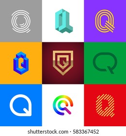 Letter "Q" big logo pack. Isometric, minimal, line, colorful, ribbon, geometric, luxury vector monograms. Eps10 format.